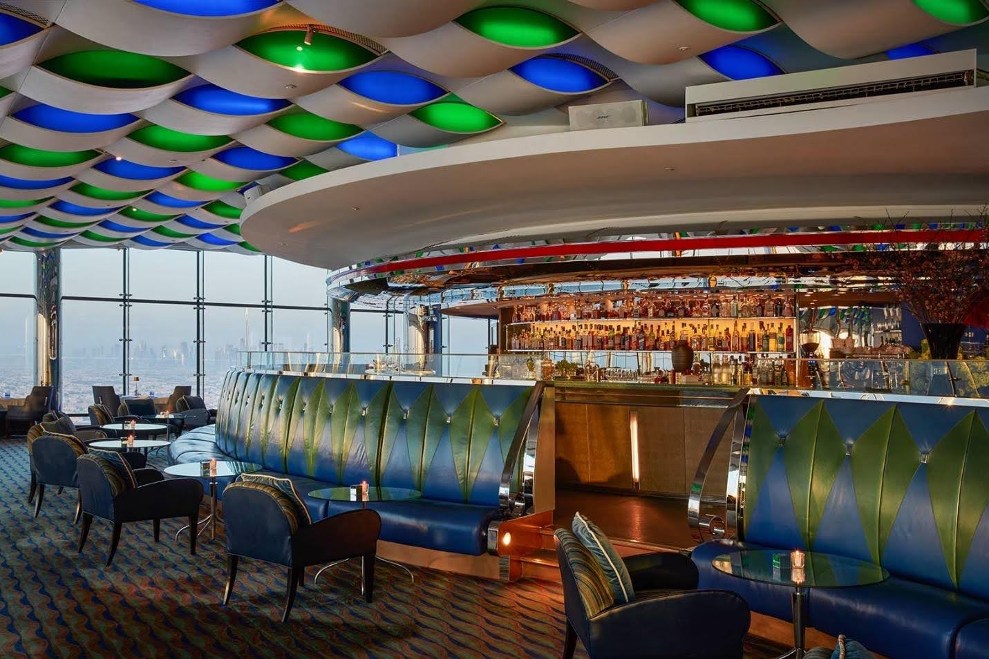 wide shot of Skyview Bar with beautiful visual of blue, white and green ceiling
